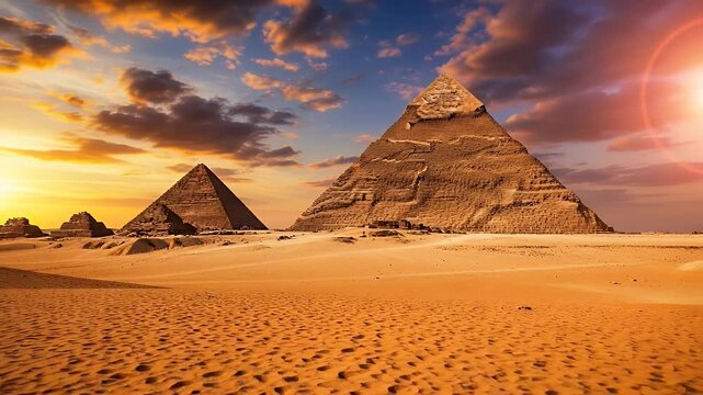 Majestic pyramids standing tall in the desert at sunset