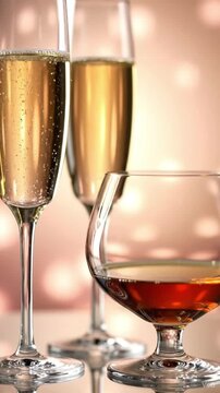 Elegant Glasses of Champagne and Cognac in Warm Festive Light