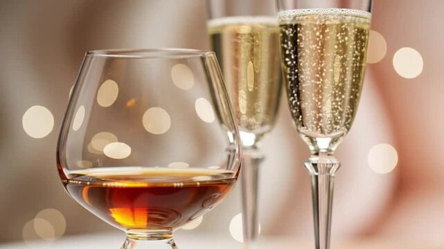 Champagne Flutes and Cognac Glass with Golden Bokeh Lights