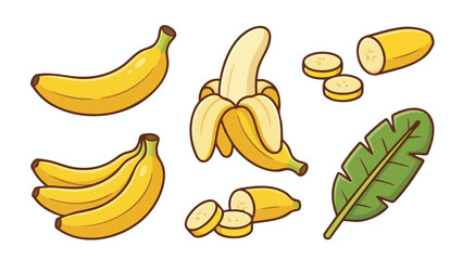 Banana Illustration Set with Whole Peeled Sliced and Bunch Bananas in Flat Style