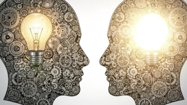 Two Heads with Gears and Lightbulbs Symbolizing Ideas and Collaboration.