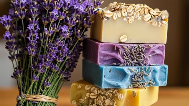 Colorful handmade soaps beside a bouquet of fresh lavender flowers.