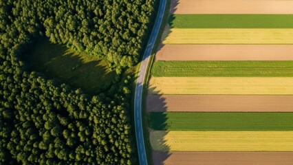 Aerial Road Top View Between Green Forest and Colorful Agricultural Fields at Sunset