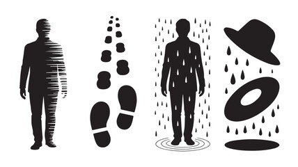 Abstract human figures, footprints, and rain elements in conceptual symbolic monochrome vector graphic for themes of presence, absence, journey, or weather impact.