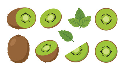 Kiwi Fruit Illustration Set with Whole Fruit, Halves, Slices and Leaves
