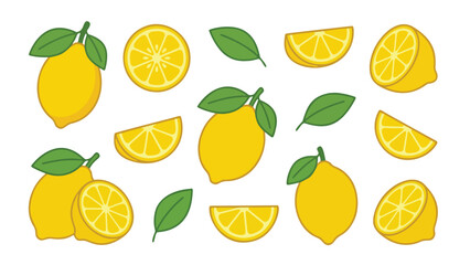 Lemon Fruit Illustration Set with Whole, Slices and Leaves