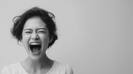 Expressive young woman in black and white shouting passionately with wild hair and intense emotion