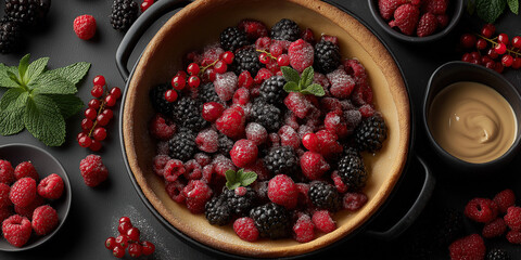 Assorted fresh berries glisten invitingly within rustic bowl alongside mint.