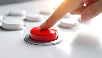 Close-up view of a person's index finger pressing a prominent, shiny red button on a white control panel. Several white buttons surround it