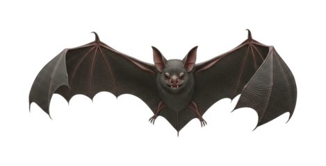 Dark grey bat with wide wings spread, looking directly forward with its fangs visible, showcasing its nocturnal and mysterious nature.