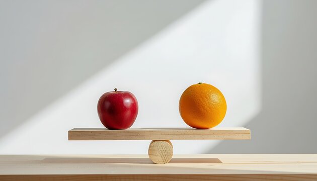 Conceptual representation of apples and oranges on a balanced scale, highlighting the concept of comparison