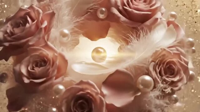 Luxurious Floral Wreath of Roses, Pearls and Feathers in Golden Light