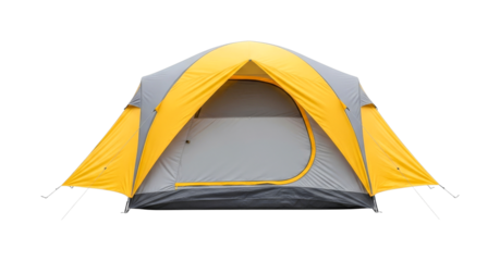 Vibrant yellow and grey camping tent stands ready for outdoor adventures, providing essential shelter and comfort for nature enthusiasts.