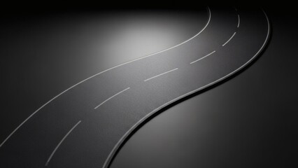 Winding Asphalt Road Top View on Dark Background with Minimalist Lighting