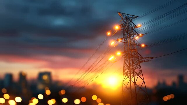 High voltage electric transmission tower energy pylon defocused infrastructure background power distribution structure electricity grid display transmission concept