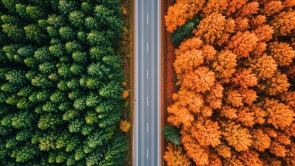 Aerial Road Top View Between Green Summer Forest and Orange Autumn Trees