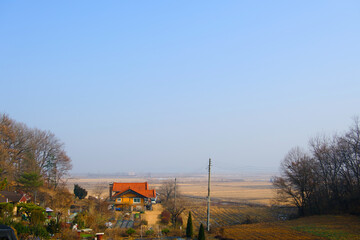 The appearance of a countryside on a foggy autumn day