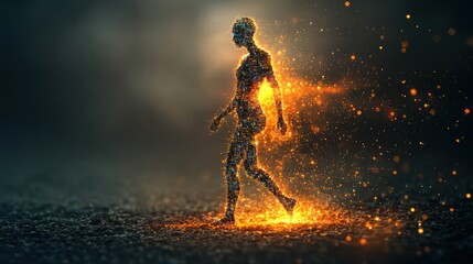 Fiery digital figure walks on embers