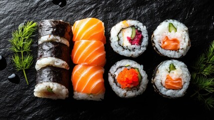 Sushi consisting of rolls with different fillings is placed on a dark slate surface. This scene captures a meal setting at a restaurant with fresh seafood offerings.