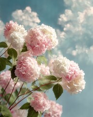 A Beautiful Arrangement of Soft Pink and White Hydrangea Blossoms Against a Serene Blue Sky Background