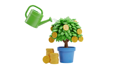 Money Tree Growing with Watering Can and Coins