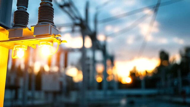 Distribution electric substation with power lines and transformers defocused sunset background energy infrastructure facility electricity distribution system grid connection
