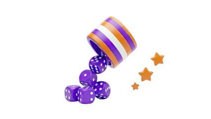 Purple Dice and Orange Stars Spill from Striped Container