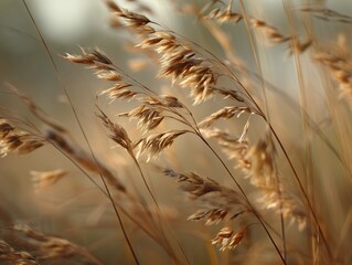 Golden Grasses Gently Swaying in the Soft Light of a Calm Summer Evening, Creating a Tranquil Nature Scene