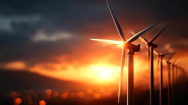 Turbines generating electricity in field defocused landscape background windmill energy production renewable power facility sustainable generation installation with copy space