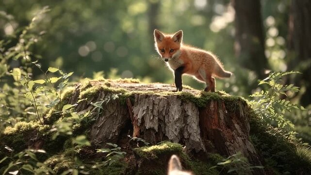 Playful Baby Foxes Jumping in Summer Forest