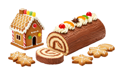 Traditional gingerbread house, chocolate Yule log, and festive cookies beautifully arranged for a sweet and joyful Christmas holiday celebration.