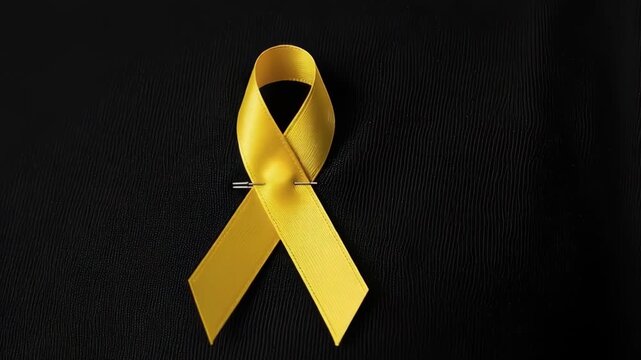 Yellow awareness ribbon pinned on black fabric, symbolizing World Cancer Day support and solidarity against cancer
