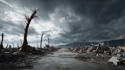 Devastation landscape with moody sky after natural disaster or conflict