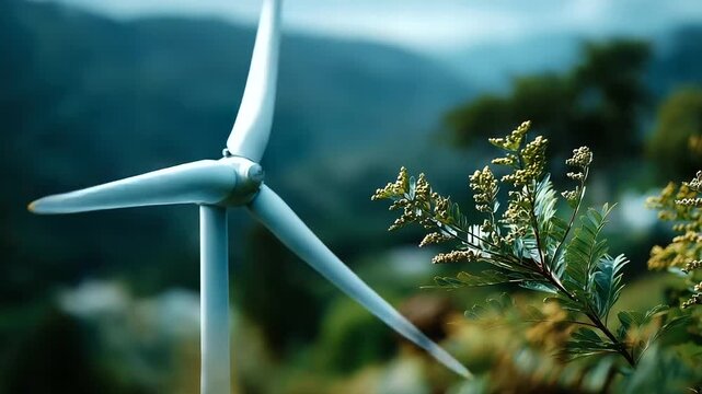 Green energy concept eco power with turbine located along elevation defocused hillside background wind blowing renewable production clean energy consideration sustainable elect