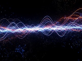Abstract digital wave form of sound or energy radiating with glowing particles on a black background