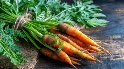 Carrots with green tops are gathered together on a dark wooden table. They show signs of freshness with dirt still clinging to the roots. This scene shows the farm to table process.