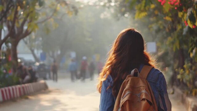 Young woman walking away from camera on a sunny path, her hair glowing in the morning light with a