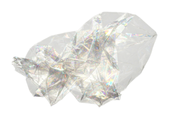 Crumpled iridescent film material with a shiny holographic texture reflecting vibrant spectrum colors, creating an abstract and dynamic visual effect.