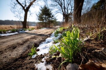 Green Shoots Emerging Beside Melting Snow on Rural Path, Early Spring Landscape, Seasonal Renewal Concept