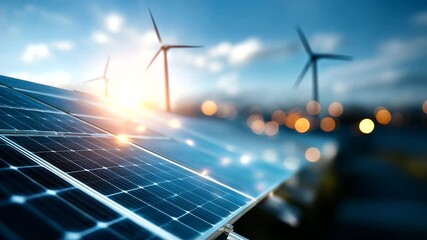 Photovoltaic panels and turbines against azure sky defocused summer day background solar wind energy combination renewable power generation sustainable electricity production - Powered by Adobe