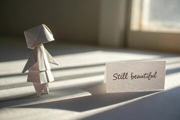 Origami figure beside a card reading Still beautiful