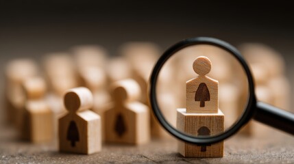 HRM or Human Resource Management, Magnifier glass focus to manager icon which is among staff icons for human development recruitment leadership and customer target. resume, interview. generate by AI