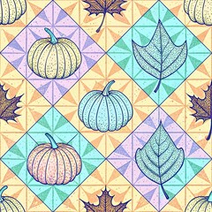 Seamless repeating pattern featuring pumpkins and assorted leaves on a colorful geometric tile background