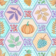 Autumn harvest pattern featuring a pumpkin colorful berries and various colored leaves in hexagons