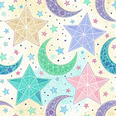 Seamless pattern featuring geometric stars and crescent moons with varied pastel colors on a speckled background