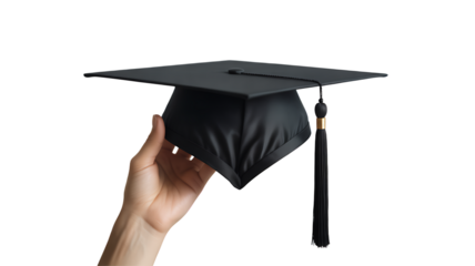 Hand Holding Black Graduation Cap with Tassel education isolated on a transparent background 
