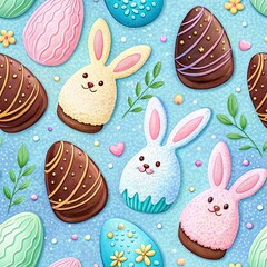 Brightly colored Easter bunny cookies and chocolate eggs arranged on a sparkly blue background