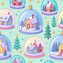 Seamless pattern featuring colorful cartoon snow globes with winter houses and festive evergreen trees
