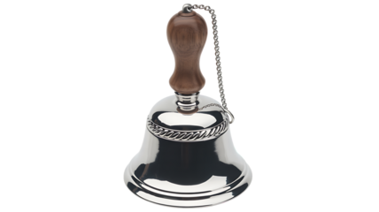 Silver school bell with wooden handle isolated PNG, classic metal handbell for education or holiday celebration on transparent background 
