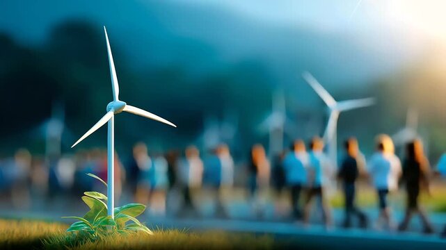 Turbines as alternative electricity sources sustainable resources concept faceless community people defocused landscape background generators providing renewable energy clean